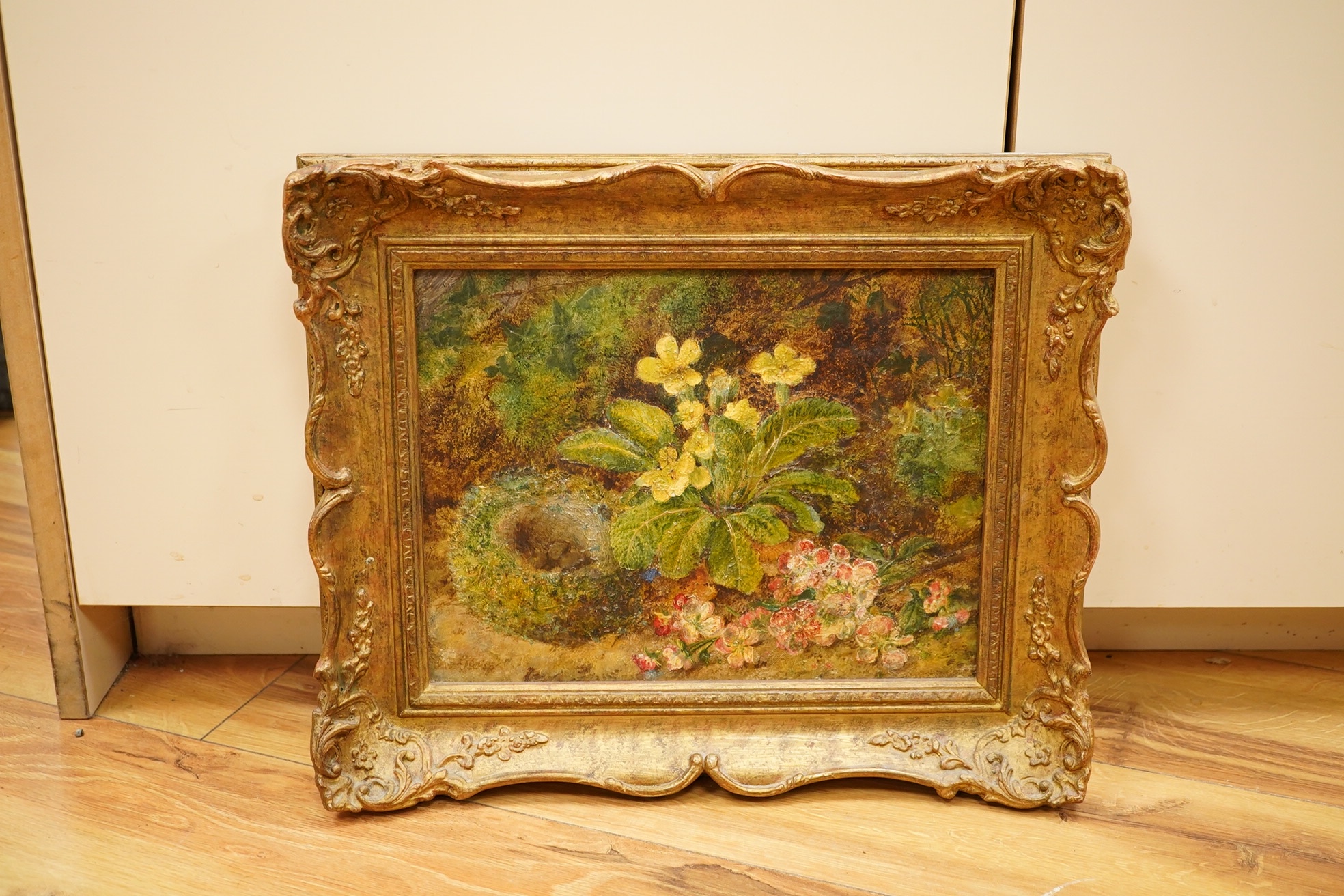 George Crisp (1875-1916), oil on canvas, primrose with birds nest, 22x29cm. Condition - good